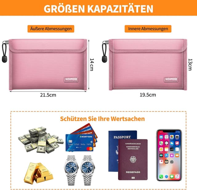 Detalle de Noiposi 2er Pack feuerfeste Tasche (21,5 x 14 cm, 5200°F) mit Kartenfach – wasserdicht & mit Reißverschluss