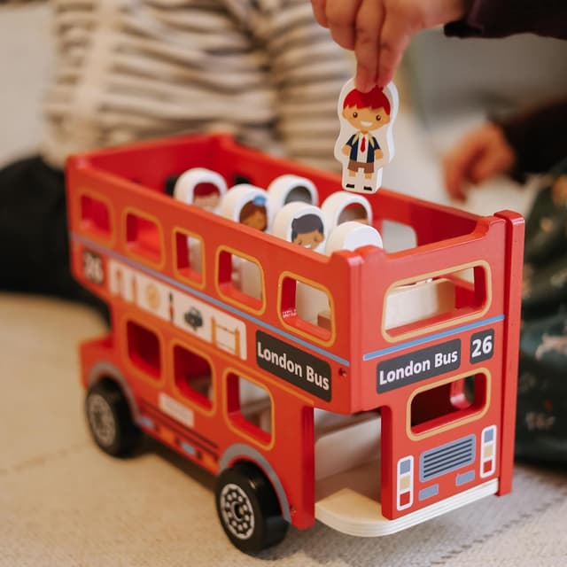 Detalle de Jaques of London red double decker bus toy for 2 year olds (wooden wheels-on-the-bus style)