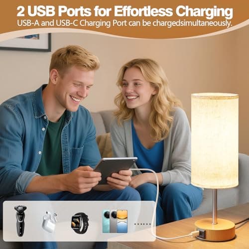 Thumbnail 3 de UPXNBOR Lámpara de Mesita de Noche Control Táctil con Puertos de Carga USB-A y USB-C, Regulable en 3 Niveles, Pantalla de Lino, Lámpara de Mesa Pequeña, con Cable de 1,5 m (Bombilla E27 Incluida)