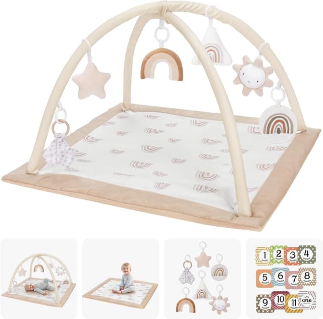 Detalle de Mallify Spielbogen Baby Mädchen – Krabbeldecke mit 6 abnehmbaren Spielzeugen und 12 Meilensteinkarten