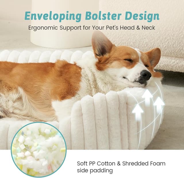 Detalle de COZY KISS Orthopedic Medium Dog Bed (30x23x7 inch) – cream faux-fur sofa with raised edges