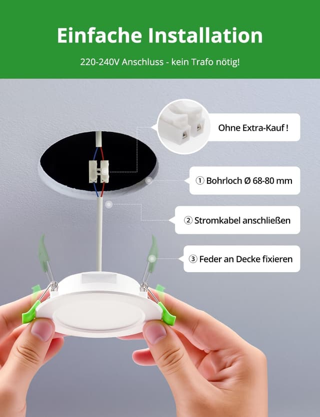 Thumbnail 6 de HOMEOW Einbaustrahler LED 230V Flach 68 mm (5 W, 400 lm, IP44) Kaltweiß 6000 K – 10er-Set für Bad & Küche