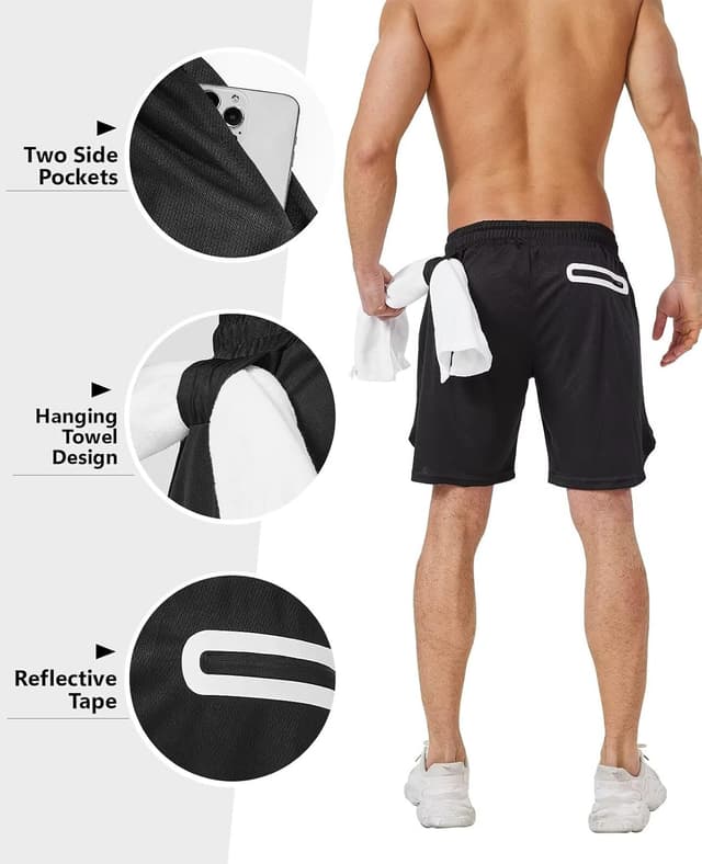 Detalle de OCYMA 3-Pack 2-in-1 Men’s Gym Shorts with Compression Liner, Pockets & Towel Loop (7 inch)