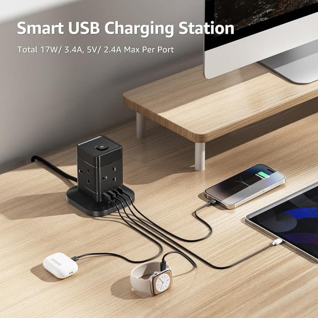 Detalle 2 de 3M Cube Extension Lead with USB C – 4-way plug extension with 4 USB ports (2 USB A & 2 USB C)