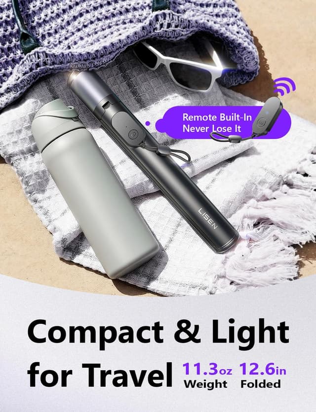 Detalle de LISEN 67" Phone Tripod for iPhone & Android with Self-Deploying Selfie Stick, Remote, and 1/4-20 Thread