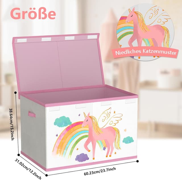 Detalle de VERONLY Spielzeugkiste mit Deckel (83 L), faltbar, mit Tragegriffen – Aufbewahrungsbox für Kinderzimmer (Beige & Rosa)