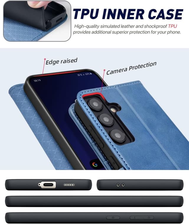 Detalle de OCASE Handyhülle für Samsung Galaxy S24+ / S24+ Plus 5G – Flip-Schutzhülle mit Kartenfächern & Standfunktion, hellblau