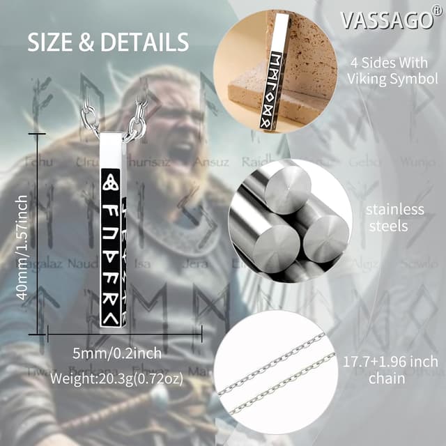 Detalle de Nordische Wikinger Runen Halskette mit 3D-Stab-Anhänger (Älterer Futhark, Edelstahl) – Talisman-Kette