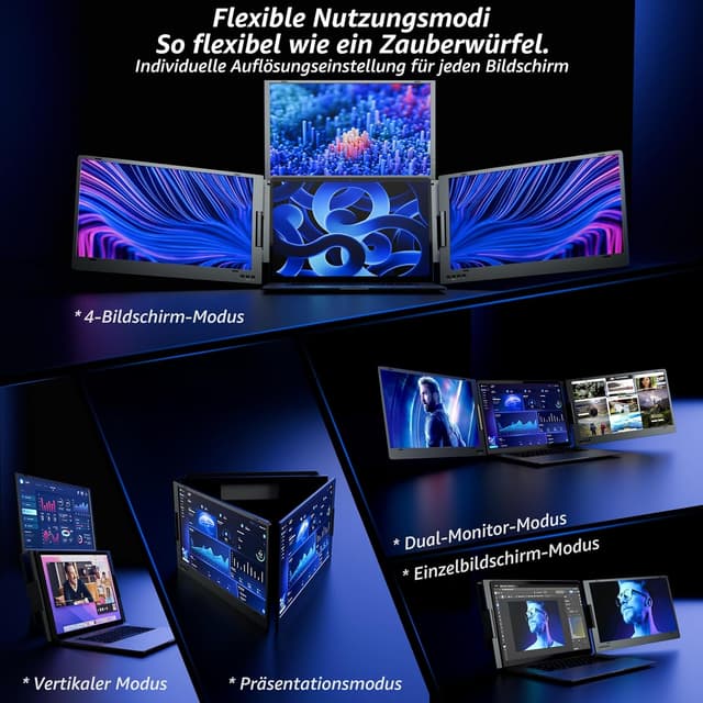 Detalle de ROADOM 15,6 Zoll tragbarer Triple-Monitor (Faltbar, Metallgehäuse, 360° drehbar) mit Type-C & USB – 1080P FHD IPS