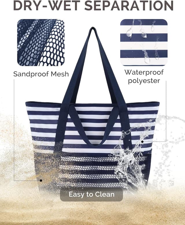 Detalle de HOMESPON Beach Tote Bag for Women with Zip and Pockets – large waterproof mesh holiday bag for travel, swim and shopping