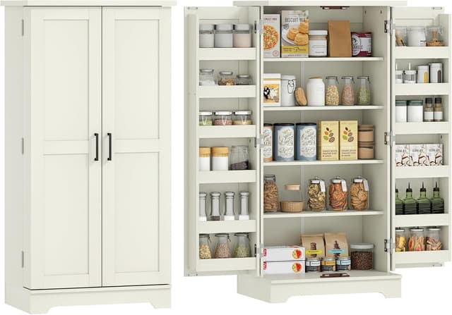 Detalle de HOMCOM Buffet Cuisine / Vaisselier 5 niveaux crème avec portes et étagères réglables, 60 x 40 x 120 cm