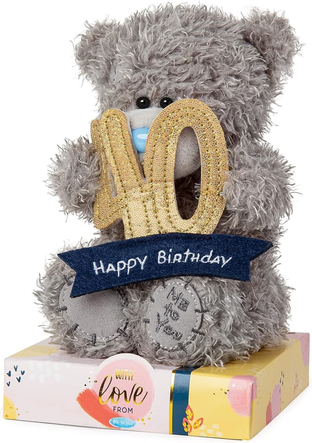Detalle 1 de Me to You Tatty Teddy 40th Birthday Bear Holding a 40 Banner – Official Collection plush gift (Blue/Gold/Grey/Navy)