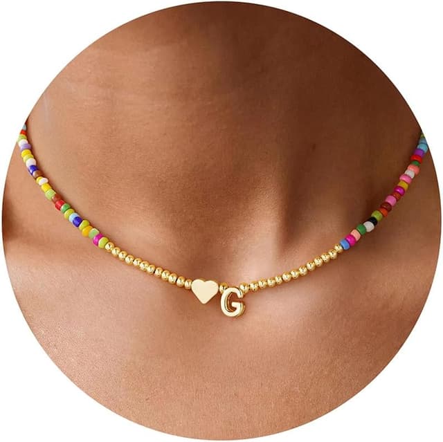 Detalle de Collier de perles colorées TINGN avec pendentif cœur, chaîne réglable pour femme et fille