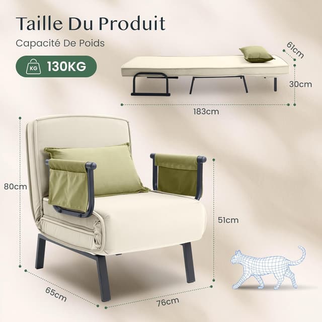 Detalle de FLEXISPOT Fauteuil relaxant convertible 3 en 1 avec dossier réglable 6 positions (lit, chaise longue)
