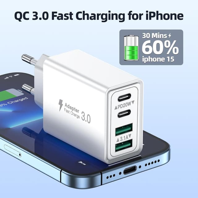 Detalle de Caricatore USB-C 40W con 4 porte (2 USB-C PD + 2 USB-A QC3.0) per iPhone, iPad e Galaxy