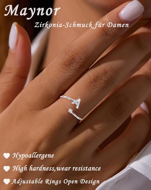 Detalle de Maynor A-Z Buchstaben-Ring aus Silber 925 mit Cubic-Zirkonia, verstellbar (Größe 50–60)