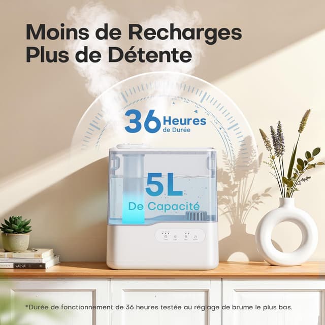 Detalle de Humidificateur AROEVE 5L ultrasonique à remplissage par le dessus, brume froide + diffuseur d’huiles essentielles