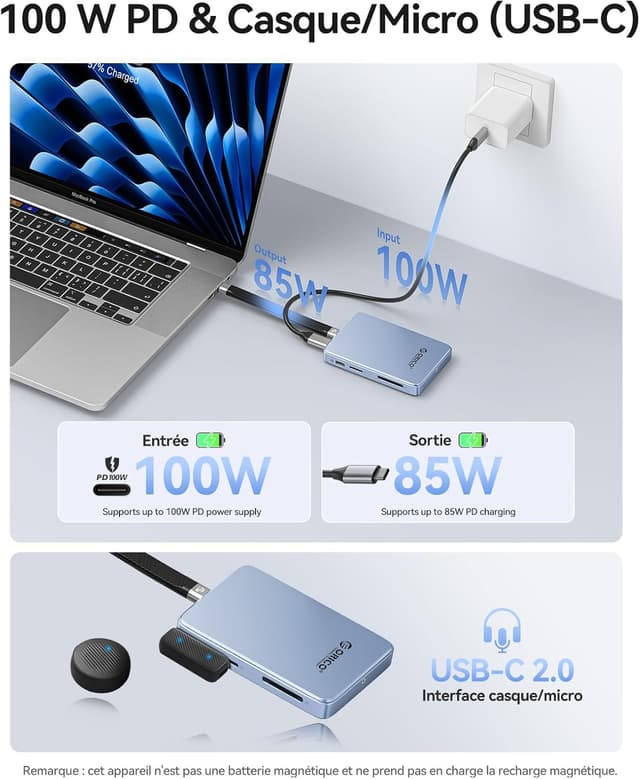 Detalle de ORICO Boîtier M.2 NVMe Magnétique 10 Gbps avec hub USB‑C, emplacements SD/TF et charge PD 100 W (AP80F) pour iPhone 15/16/17 Pro/Max