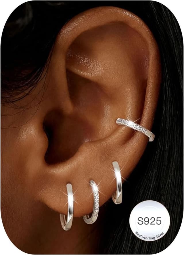 Detalle de BVLAGIDA 4 paires de créoles en argent 925 (argent/or) — hypoallergéniques pour plusieurs piercings