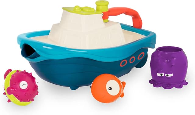 Detalle 2 de B. toys Fuori dal gancio – Playset bagno e spiaggia con barca giocattolo, tazza polpo e spruzzi di pesci (6 mesi+)