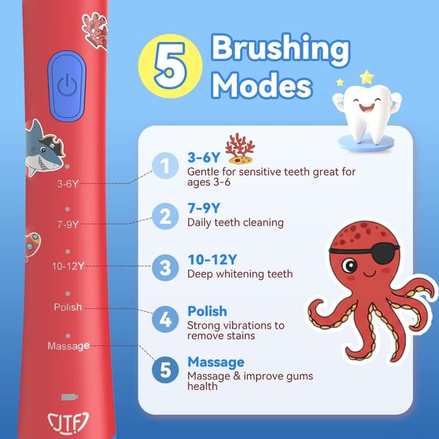 Detalle 2 de JTF Kids Electric Toothbrush (3–6–12) with 4 Brush Heads, 5 Modes, Timer & IPX7