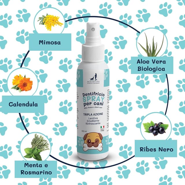 Detalle de HEALTHY LOVE Dentifricio per cani spray formato maxi 180 ml con aloe bio e calendula