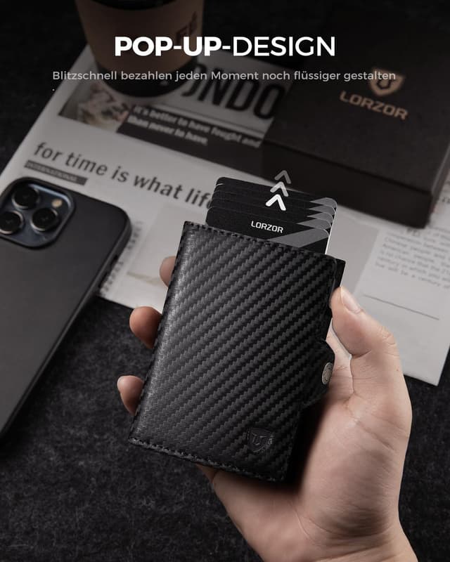 Detalle de LORZOR Slim Wallet mit Münzfach (Carbon schwarz) – Herren-Portemonnaie aus echtem Leder mit RFID-Schutz