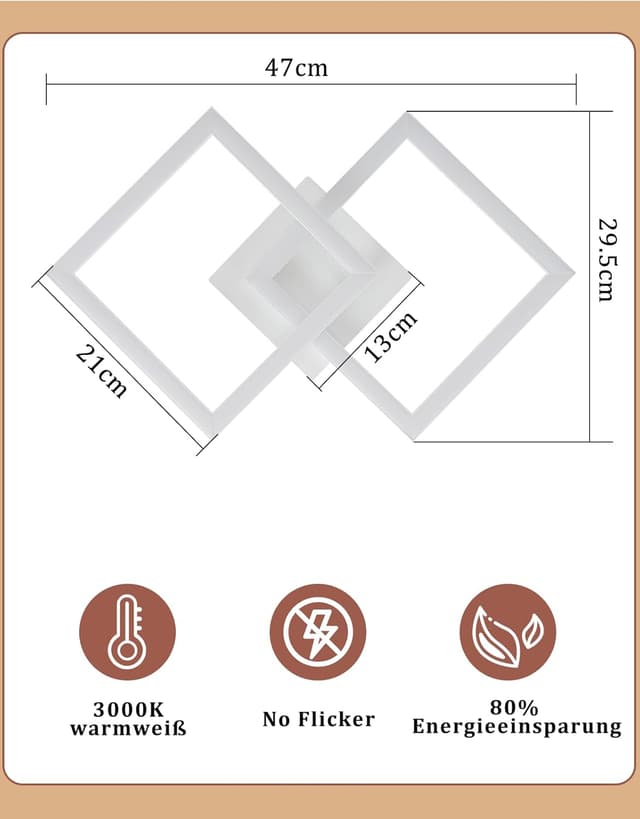 Detalle de Homefire LED-Deckenleuchte für Küche & Flur, 24 W, warmweiß (3000 K), eckig, 47 x 29,5 x 6 cm