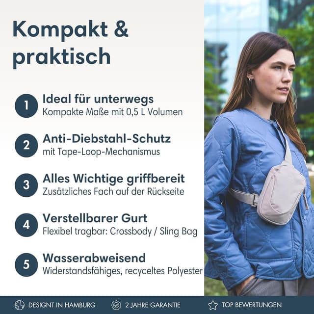 Detalle de LARKSON Nils Brusttasche Anti-Diebstahl Umhängetasche für Reise, Festival & City