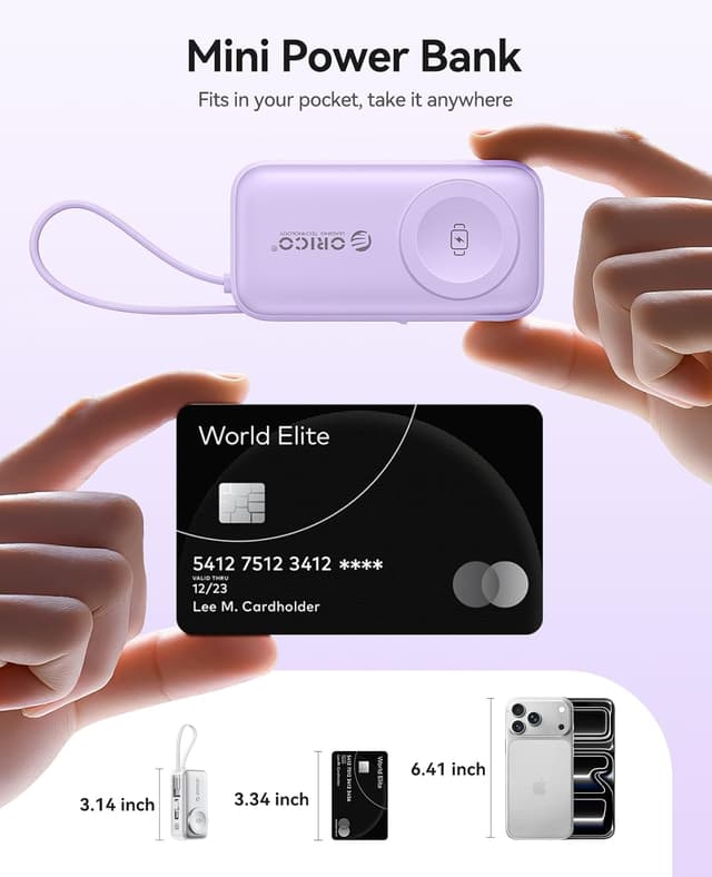 Detalle de ORICO Mini Power Bank 5000 mAh (PD 22,5 W) avec USB-C pliable et câble intégré, violet