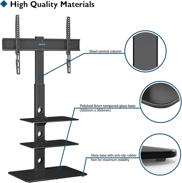 Detalle 2 de BONTEC Soporte Suelo TV 30-70" Ajustable con Estantes de Vidrio