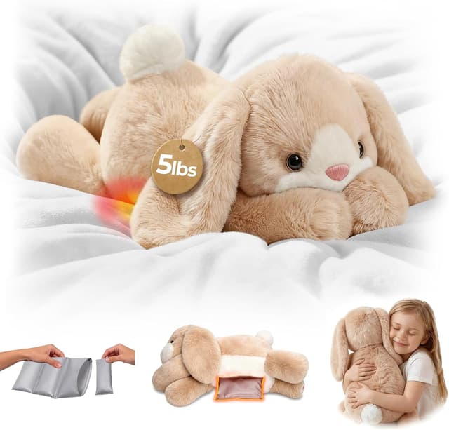 Detalle de Mewaii weighted teddy bunny plush (Cream White) with heatable/coolable inner pad, microwavable design