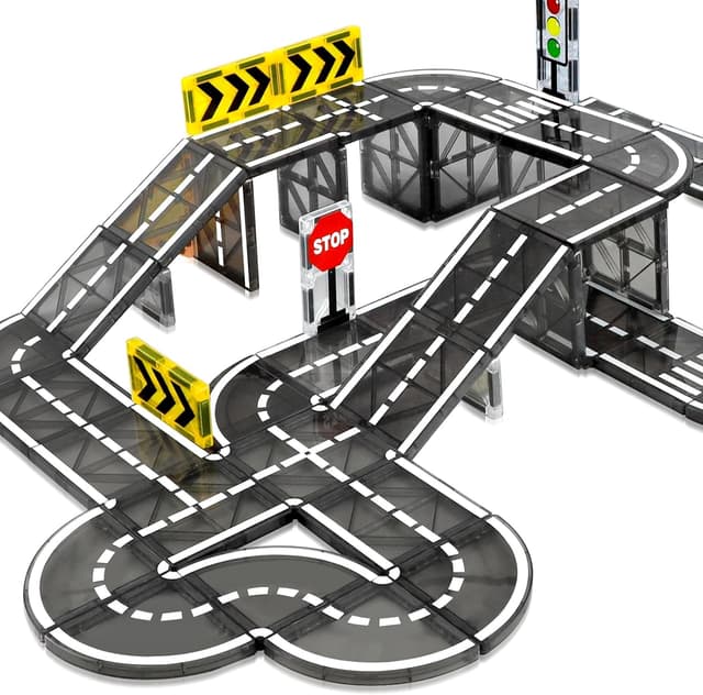 Detalle de katietoy Magnetic Tiles Road Set for Kids (46 pcs) – magnetic road tiles and traffic signs for ages 3–8