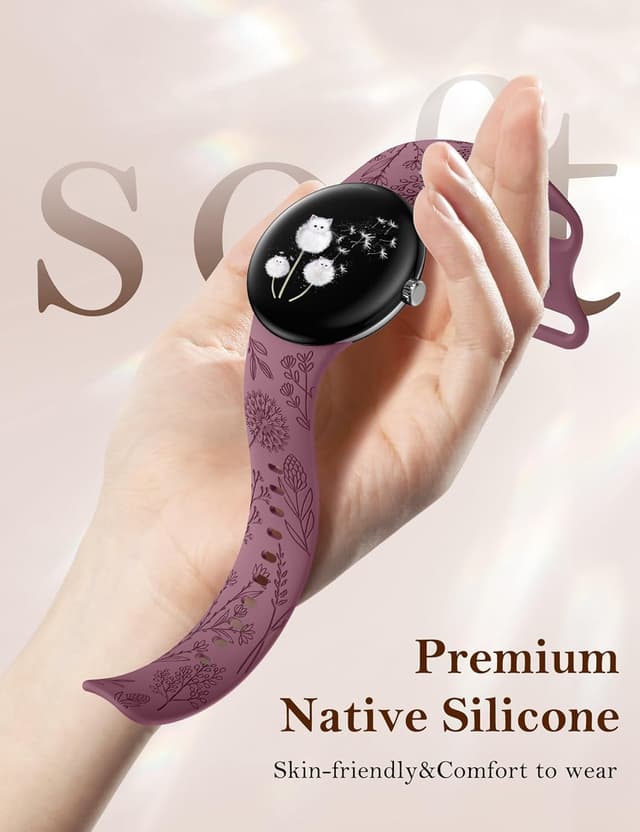 Detalle de TOYOUTHS 2-Pack Floral Engraved Strap for Google Pixel Watch (41mm) – Soft Silicone Sport Loop Bands