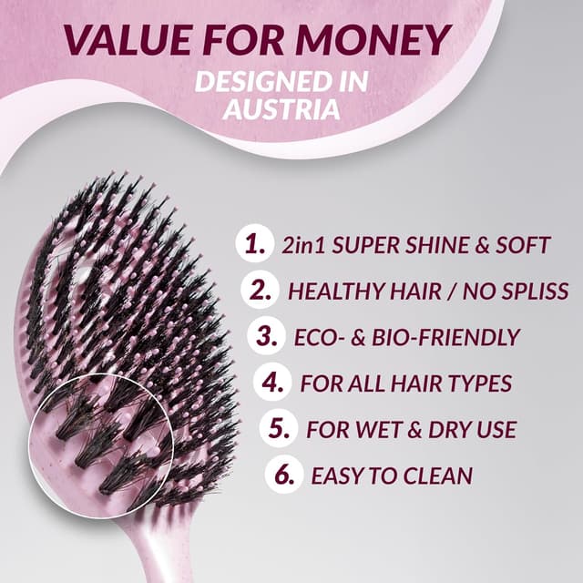 Detalle de marQus Bio Haarbürste mit Wildschweinborsten „Detangler“ – nass & trocken, Doppelspiralfeder
