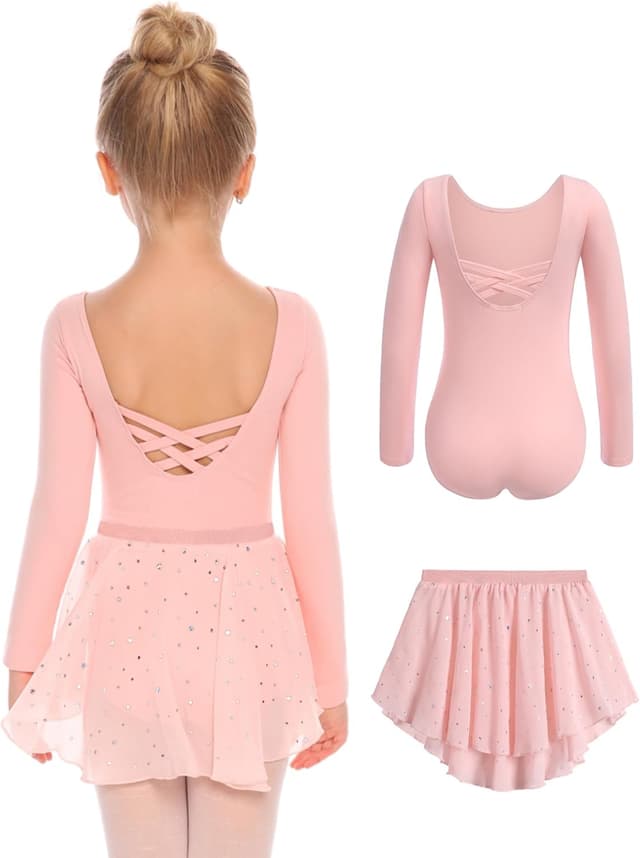 Detalle de Arshiner girls’ ballet dress leotard set with long sleeves and removable skirt