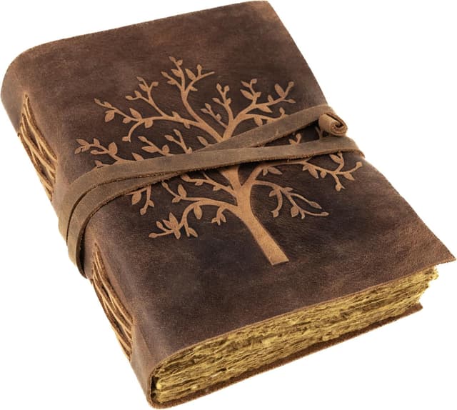 Detalle de moonster® Diario in Pelle Vintage Albero della Vita: 240 pagine bianche in carta di cotone, rilegato a mano