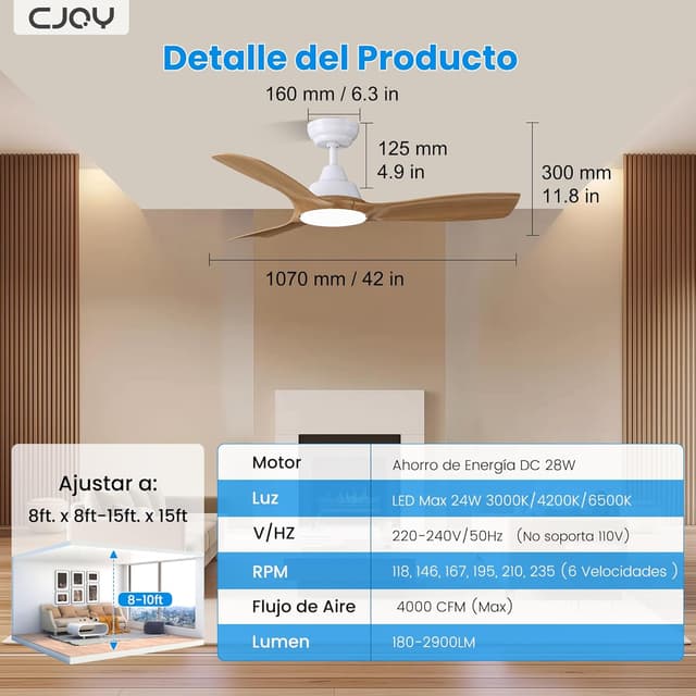 Thumbnail 6 de CJOY V Ventilador de Techo con Luz, 42'', 3 Palas Madera, Reversible🌀