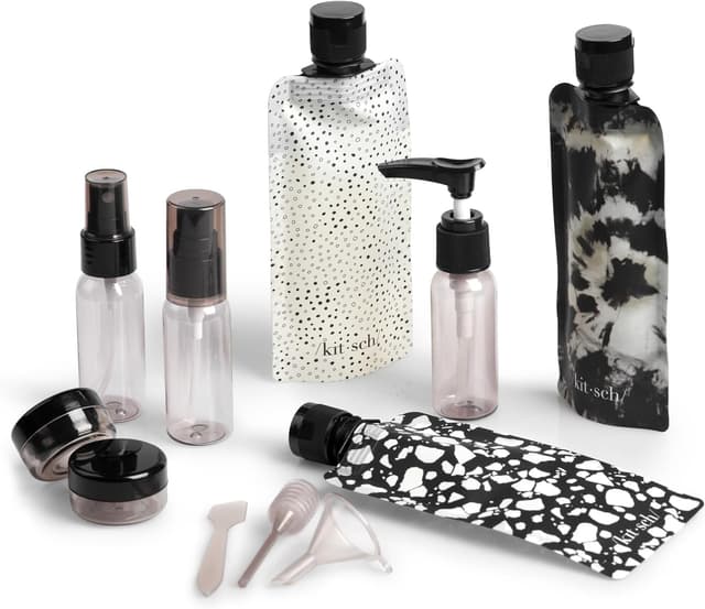 Detalle de Kitsch 11 PCS Travel Bottles for Toiletries Travel Essentials Kit (Black & Ivory) – Leak-Proof Refillable Containers