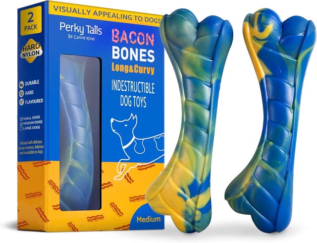 Detalle de Perky Tails Almost Indestructible Dog Toys (16.5cm) – Bacon Flavour Hard Nylon Chew Toy, 2-Pack