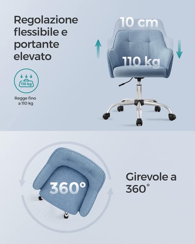 Thumbnail 6 de SONGMICS OBG019Q01 sedia da studio girevole regolabile in altezza in tessuto cotone-lino blu