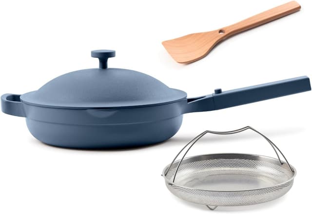 Detalle de Our Place Always Pan 2.0 (27cm, 2.5L) Nonstick Ceramic Cookware – Blue Salt, 10-in-1 all-rounder