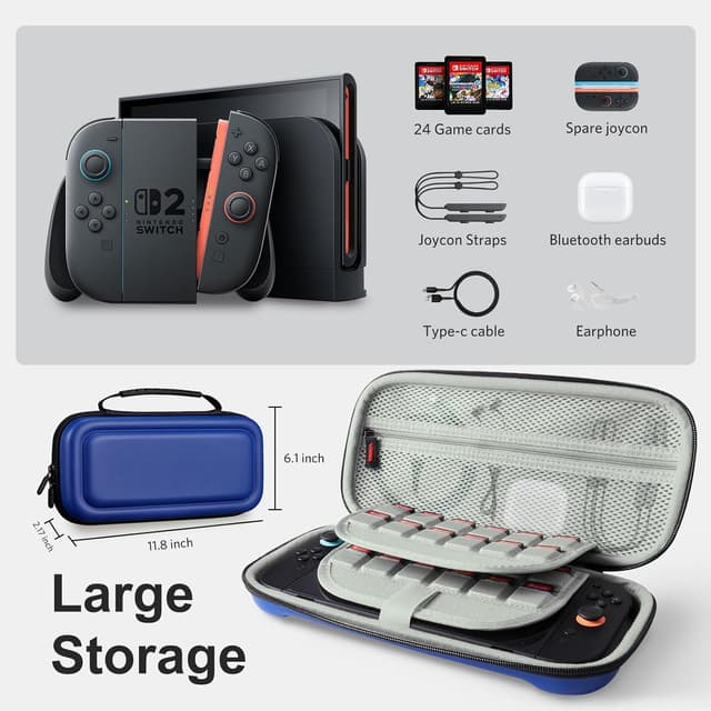 Detalle de CoBak Large Capacity Carrying Case for Nintendo Switch 2 (2025) — 3-in-1 Accessories Bundle (Blue)