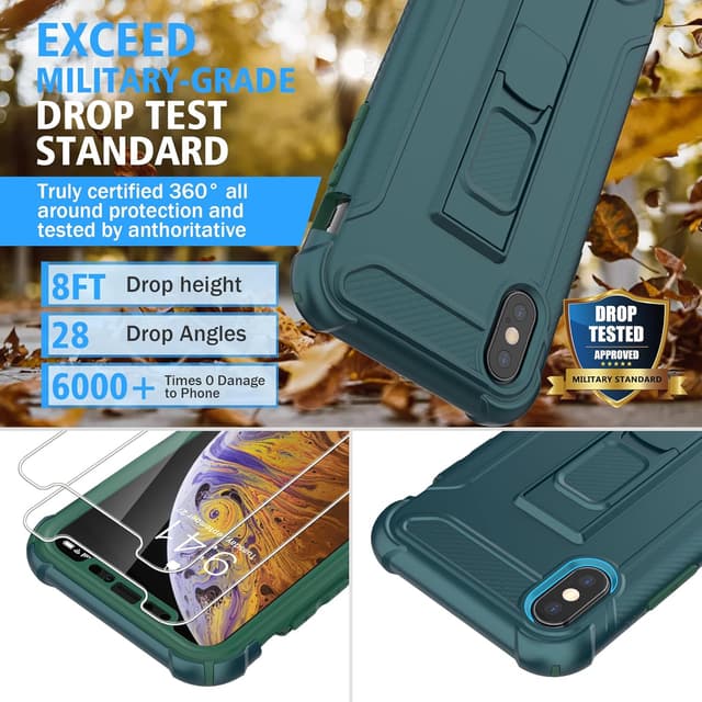 Detalle de ORETECH 5-in-1 Schutzhülle für iPhone X/XS (5,8 Zoll), stoßfest inkl. 2 Schutzfolien & Ständer – grün