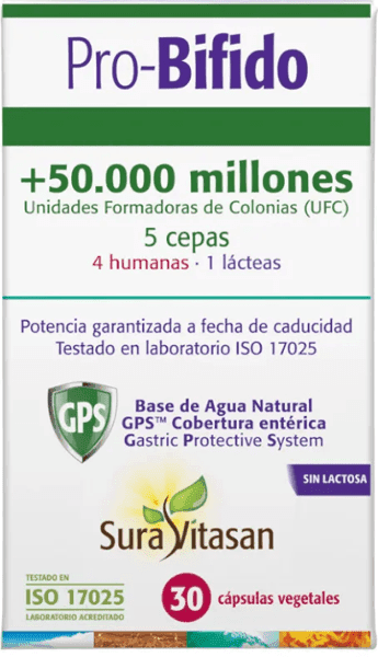 Detalle 2 de Sura Vitasan Pro-Bifido 30 cápsulas (complejo con 5 cepas de Bifidobacterium)