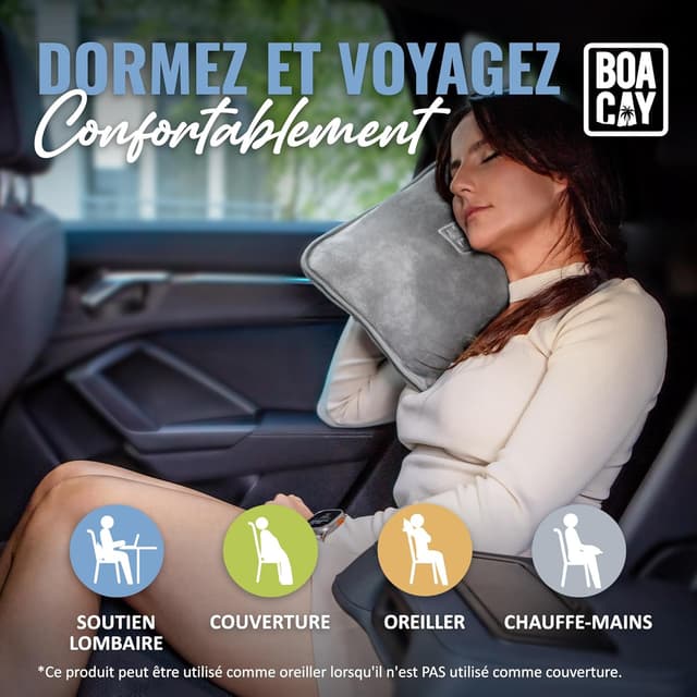 Detalle de BOACAY Couverture de voyage douce et chaude 2-en-1 (oreiller compact, manchon bagage, clip sac à dos) 100 x 160 cm