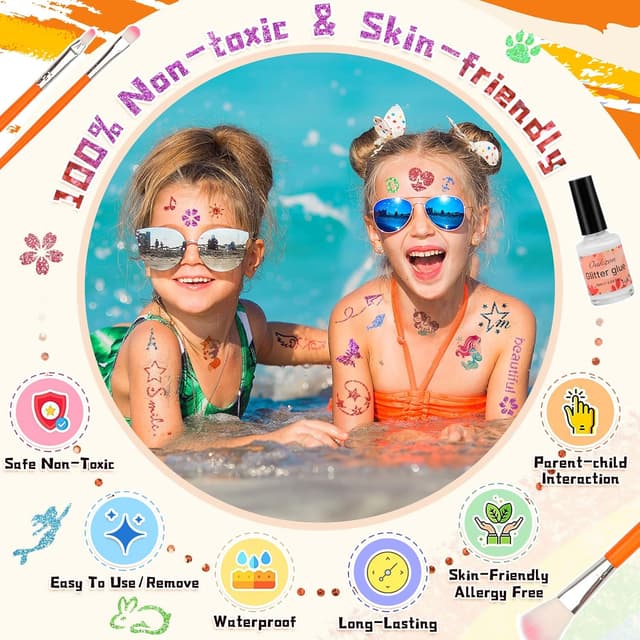 Detalle 2 de AUKZON Glitzer Tattoo Set Kinder – temporäre Glitzertattoos mit 24 Farben & 150 Schablonen
