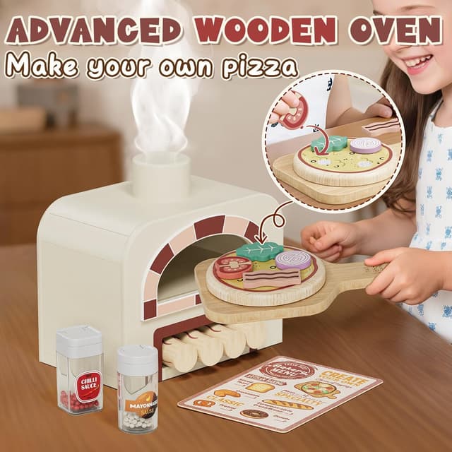 Detalle de Lehoo Castle wooden play food baking set with pizza toys and Velcro cutting pieces