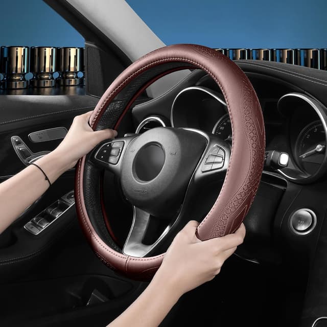 Detalle 2 de Menifomory Genuine Leather Steering Wheel Cover (Cowhide) – Universal 15 inch fit, C-Brown