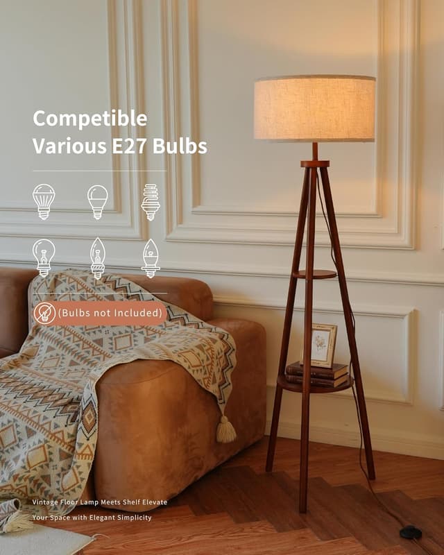 Detalle de LuminexDesigns Lampada da Terra Vintage su Treppiede in Legno con Ripiano e Paralume in Tessuto (interruttore a pedale)